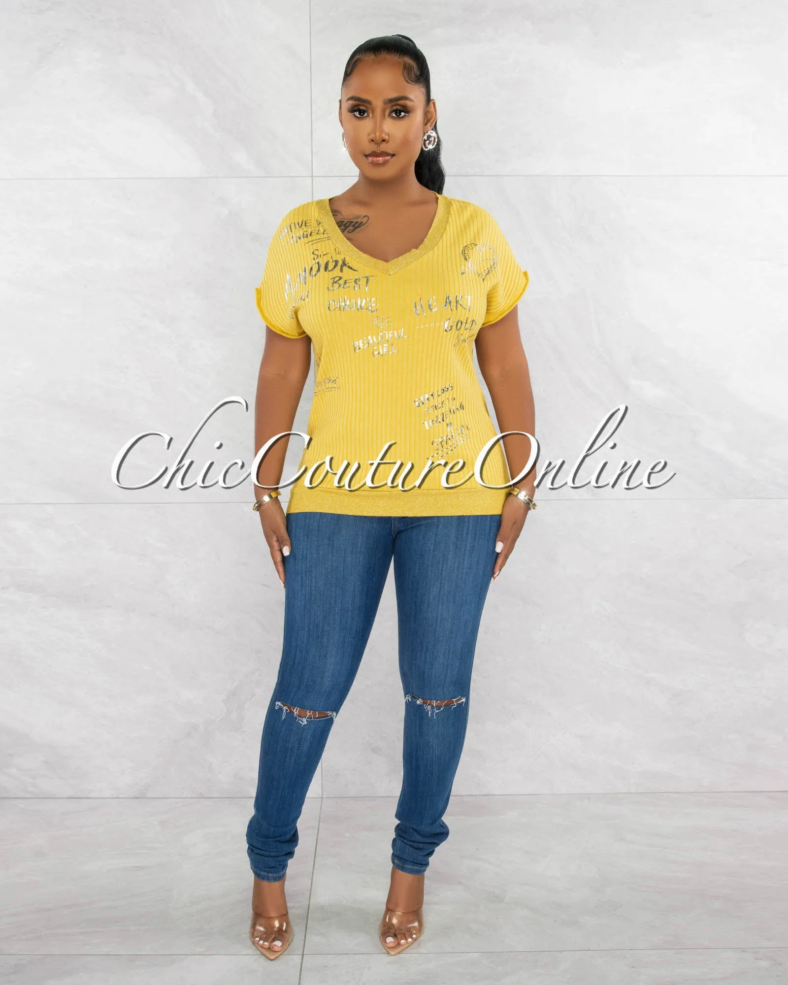 *Levity Mustard Silver Graphic Ribbed Top sold by Chic Couture product image thumbnail 2