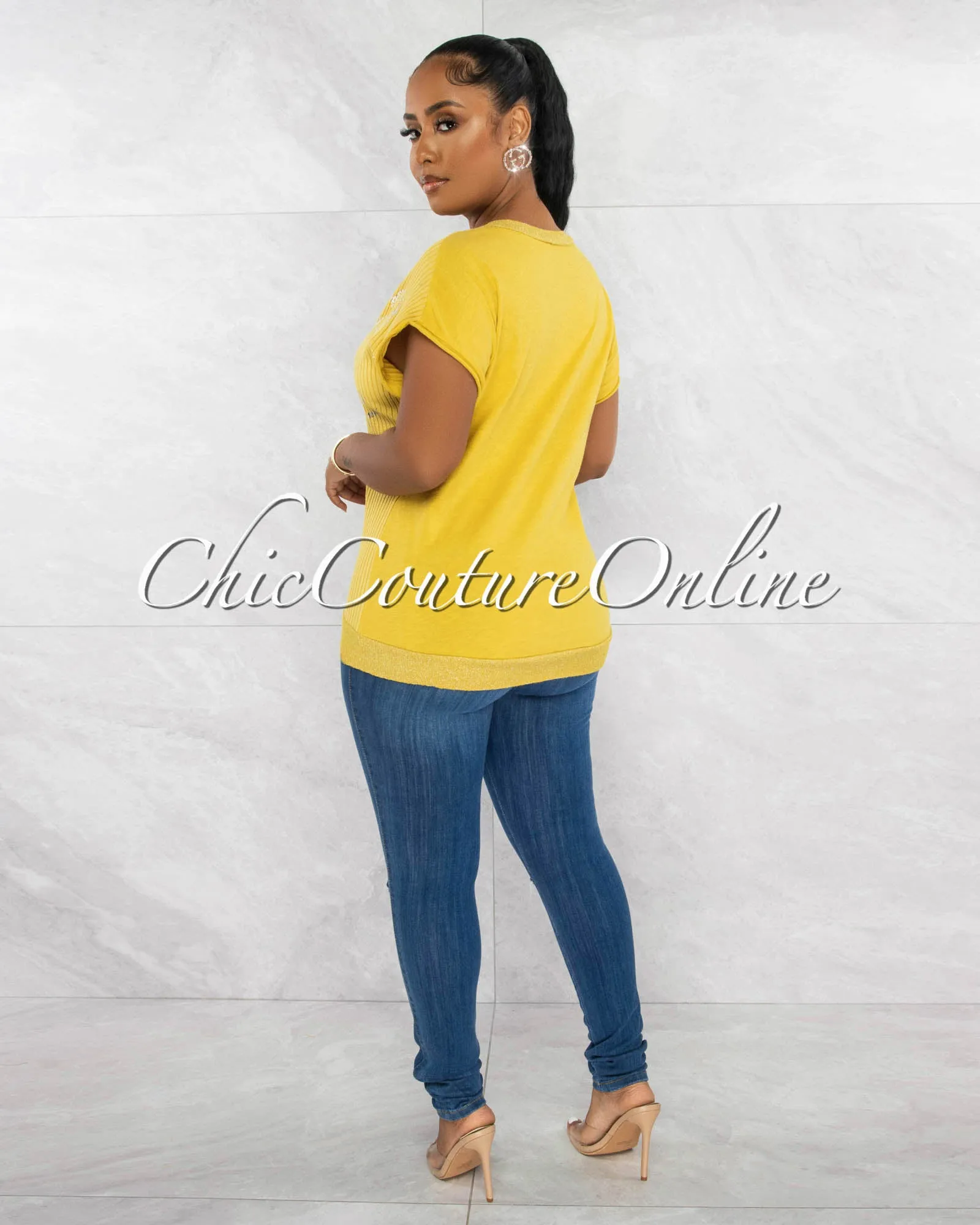 *Levity Mustard Silver Graphic Ribbed Top sold by Chic Couture product image thumbnail 3