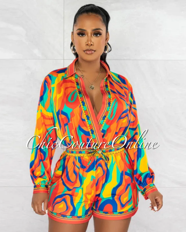 Pierre Orange Multi-Color Print Romper sold by Chic Couture