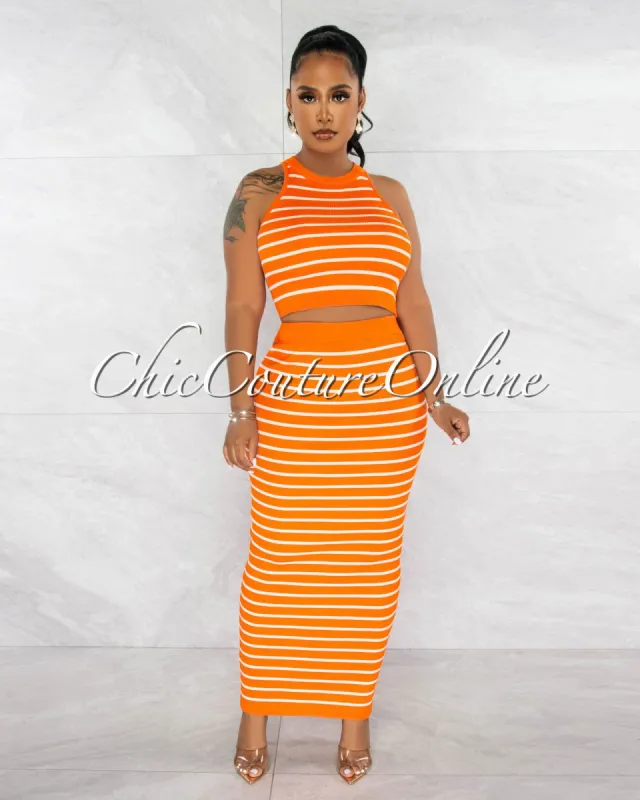 Berry Orange White Crop Top & Maxi Skirt Knit Set sold by Chic Couture