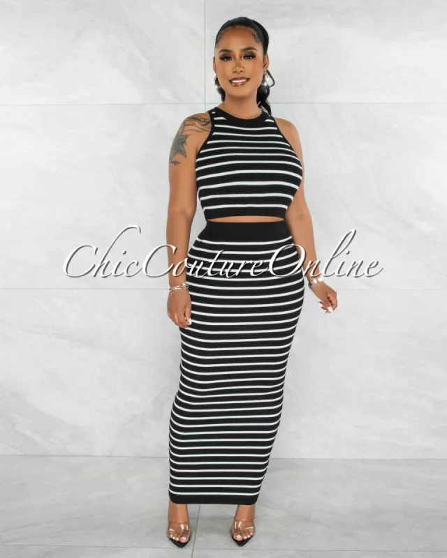 Berry Black White Crop Top & Maxi Skirt Knit Set sold by Chic Couture