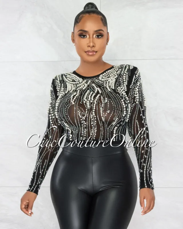 *Kailee Black Mesh Pearl Rhinestone Decor Luxe Sheer Crop Top sold by chic