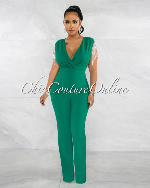 *Grazia Hunter Green Rhinestones Fringe Open Back Jumpsuit sold by Chic Couture