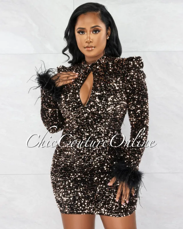 Claricia Black Velvet Gold Sequins Feather Cuffs Mini Dress sold by Chic Couture