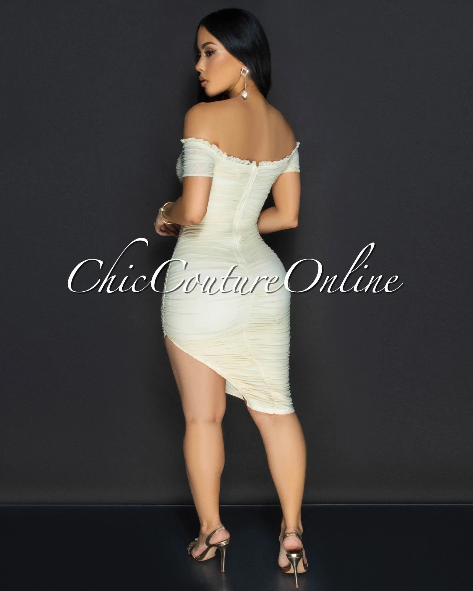 *Linna Cream Ruched Off-The Shoulder Dress sold by Chic Couture product image thumbnail 4