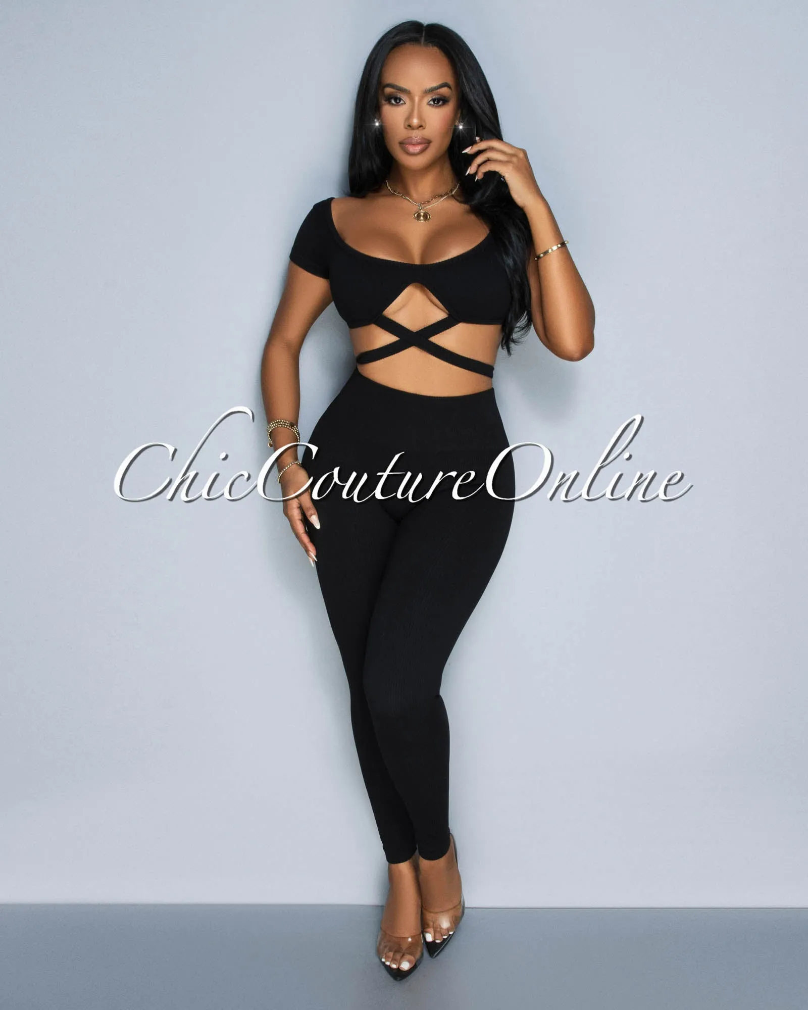 *Milenna Black Crop Top & Leggings Ribbed Sculpting Set sold by Chic Couture product image thumbnail 3