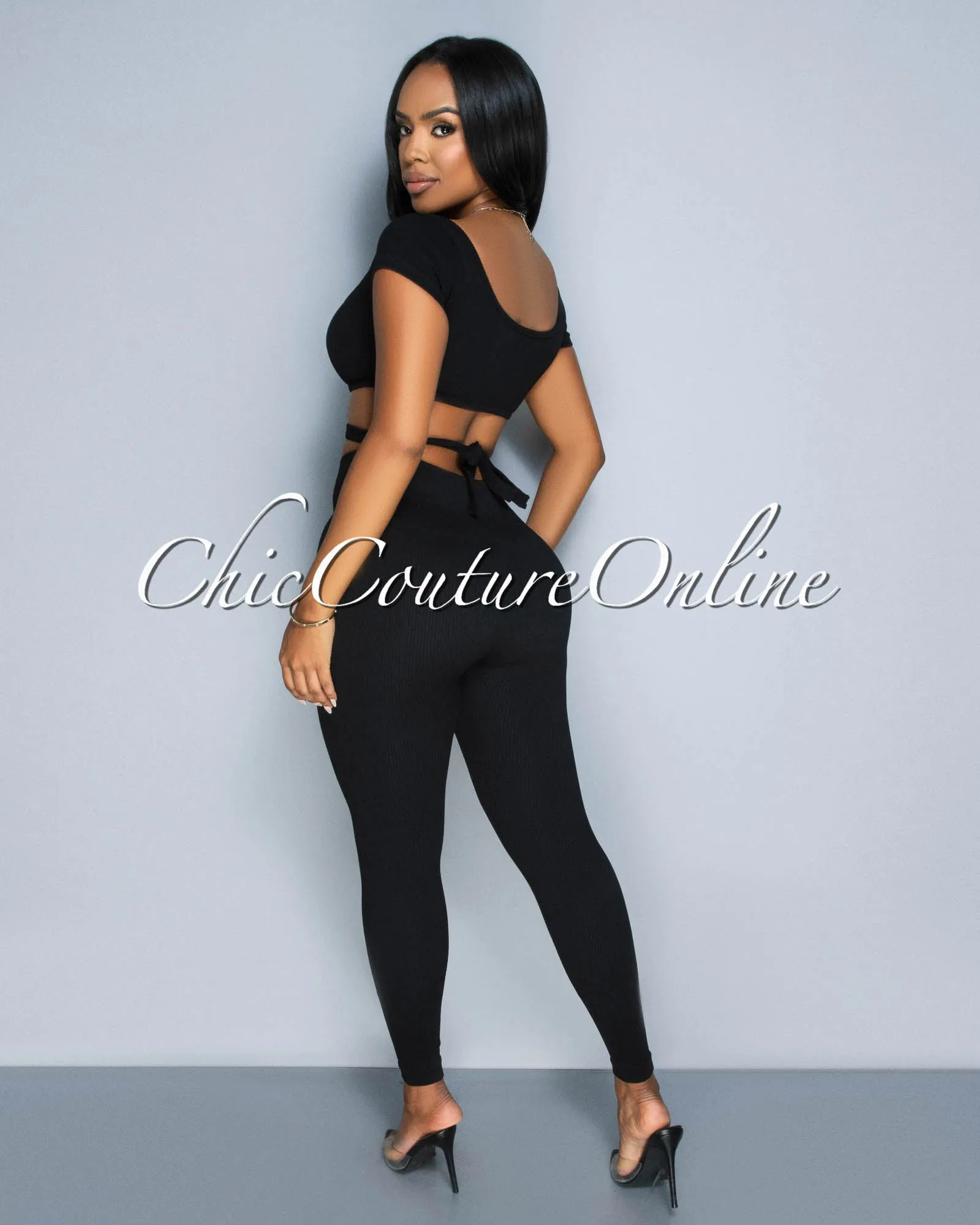 *Milenna Black Crop Top & Leggings Ribbed Sculpting Set sold by Chic Couture product image thumbnail 4