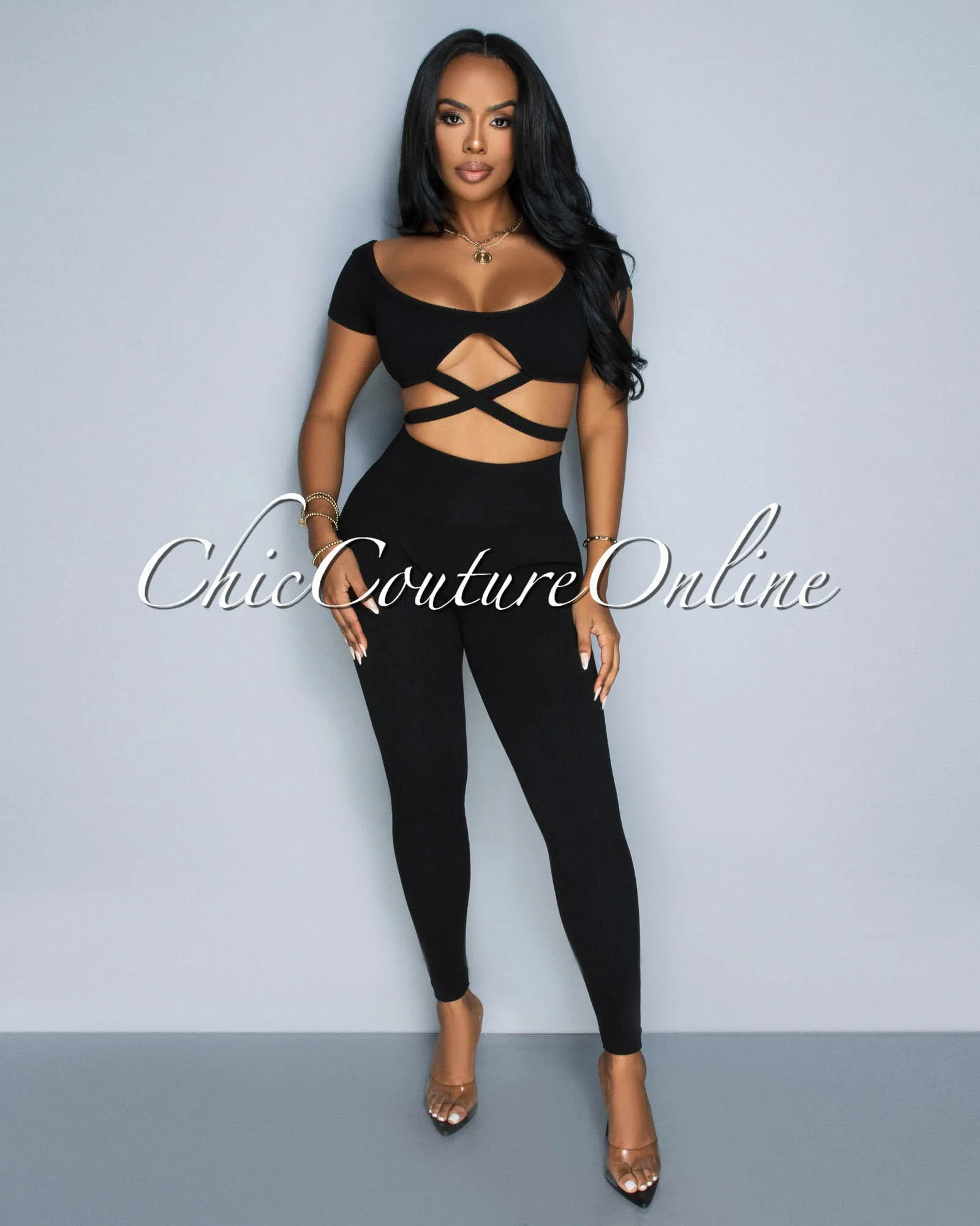 *Milenna Black Crop Top & Leggings Ribbed Sculpting Set sold by Chic Couture