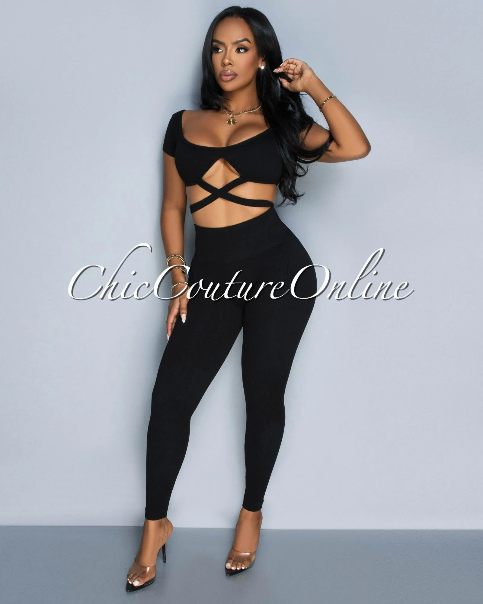 *Milenna Black Crop Top & Leggings Ribbed Sculpting Set sold by Chic Couture product image thumbnail 2