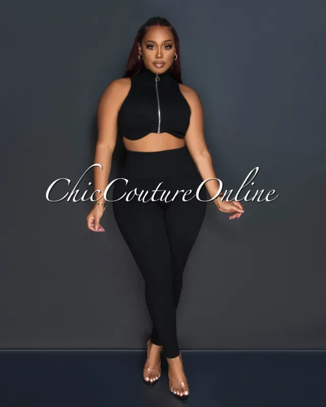 *Kristy Black Ribbed Crop Top & Leggings Sculpting Set sold by Chic Couture