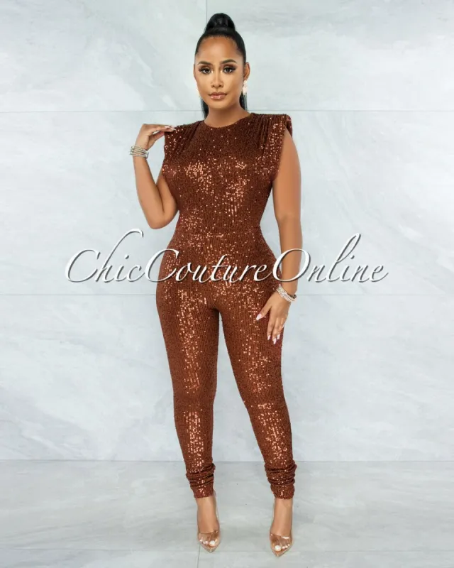 *Catalina Copper Sequin Padded Shoulder Jumpsuit sold by Chic Couture