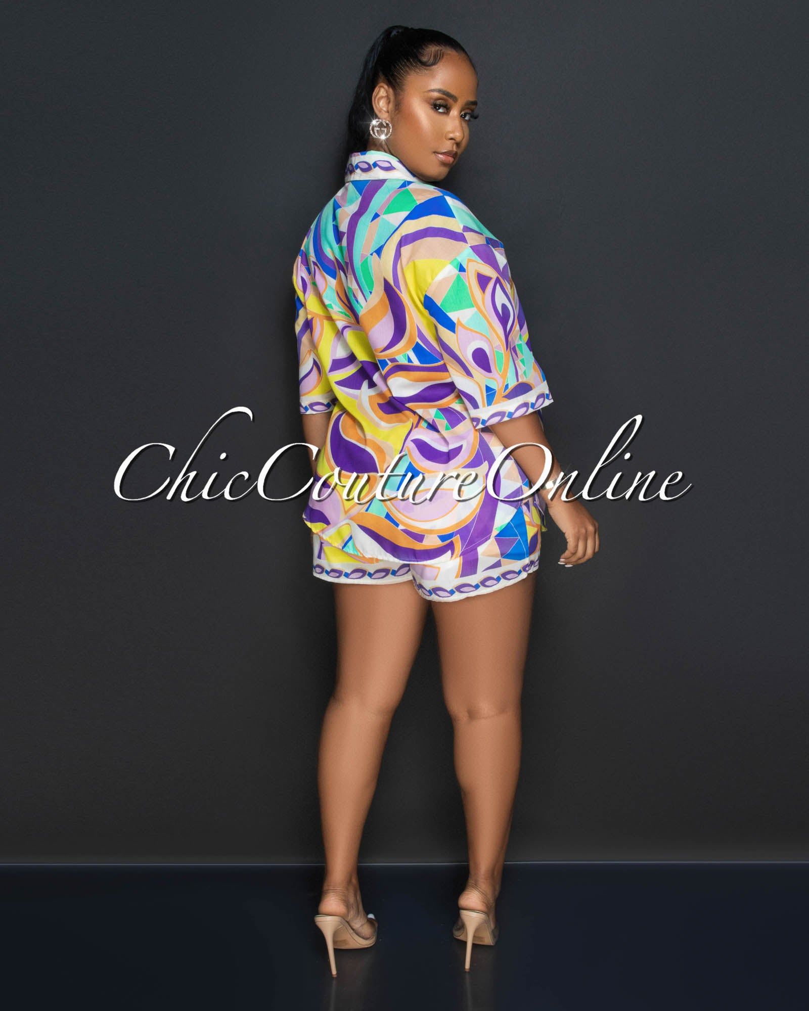 Kristina Purple Blue Multi-Color Print Shirt & Shorts Set sold by Chic Couture product image thumbnail 4