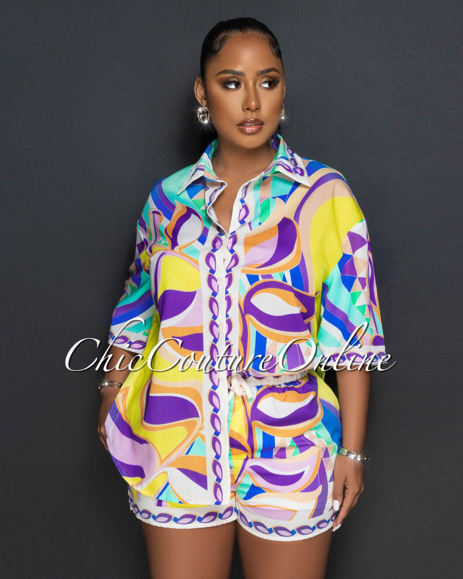 Kristina Purple Blue Multi-Color Print Shirt & Shorts Set sold by Chic Couture