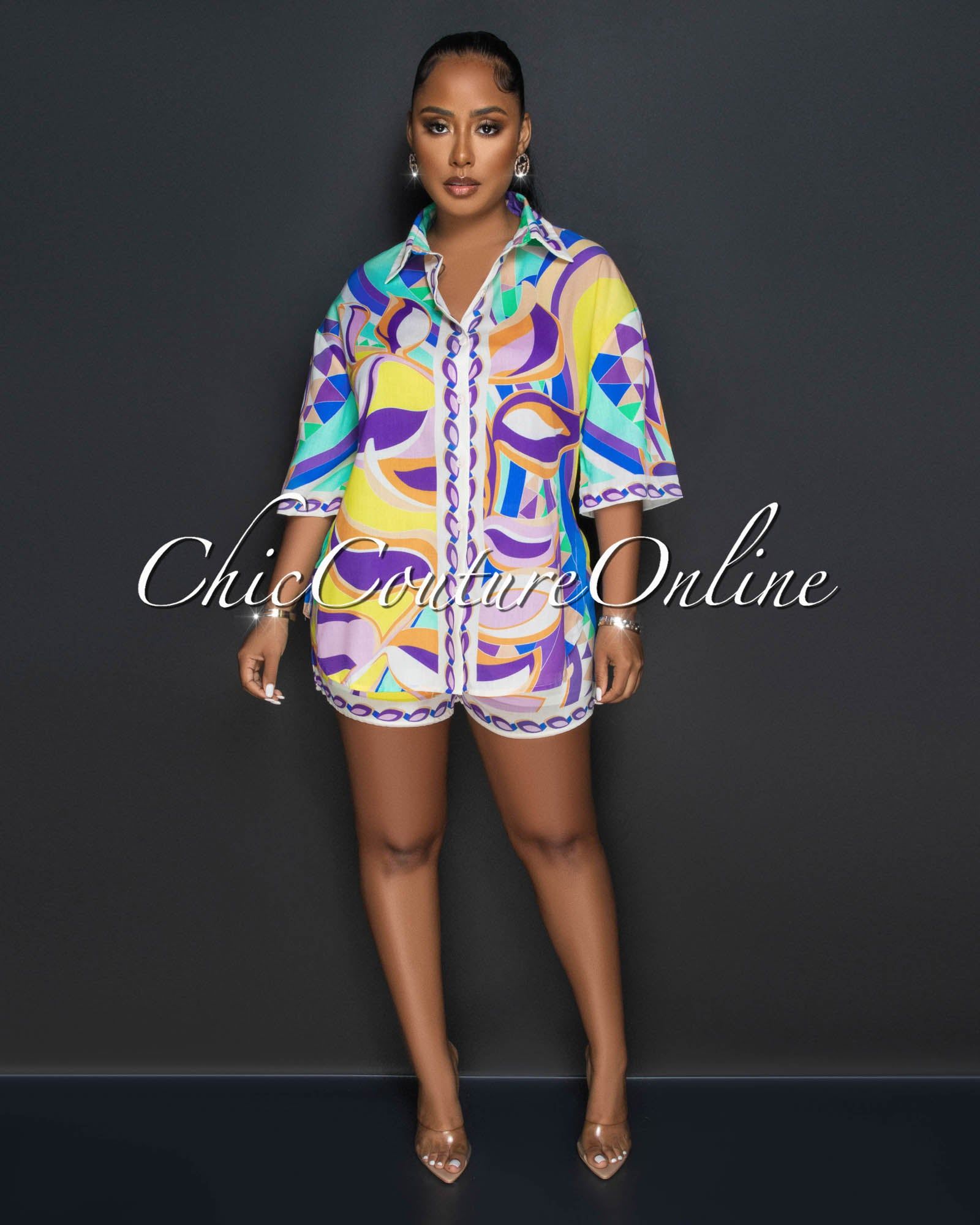 Kristina Purple Blue Multi-Color Print Shirt & Shorts Set sold by Chic Couture product image thumbnail 3