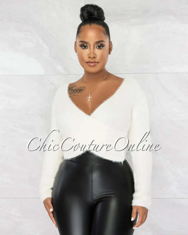 *Creda Cream Faux Fur Knit Wrap Crop Top sold by Chic Couture