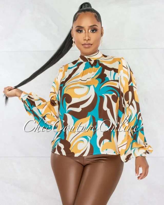 Ryleigh Yellow Turquoise Print Long Sleeves Blouse sold by chic