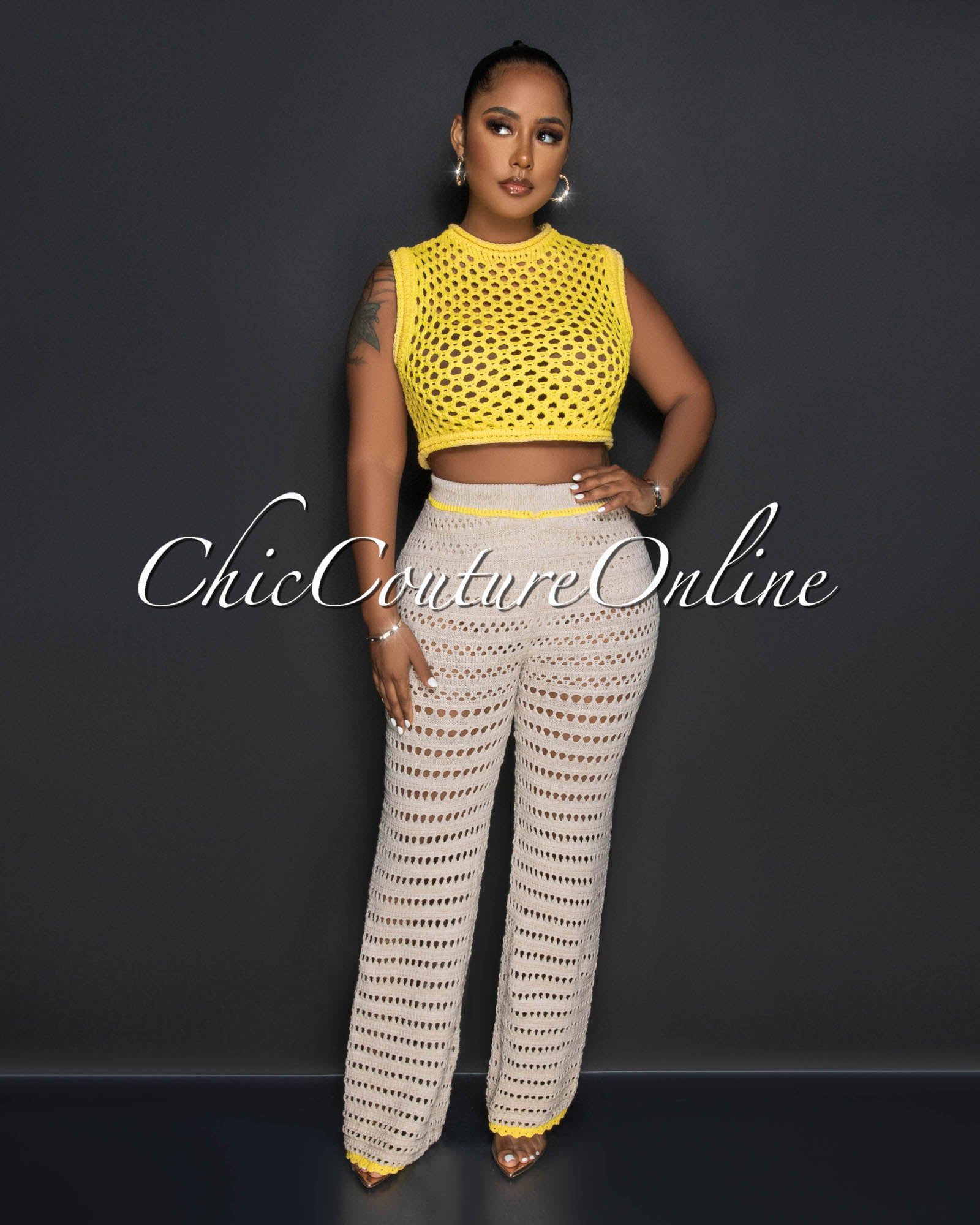 Kareem Yellow Crochet See-Through Crop Top & Nude Pants Set sold by Chic Couture