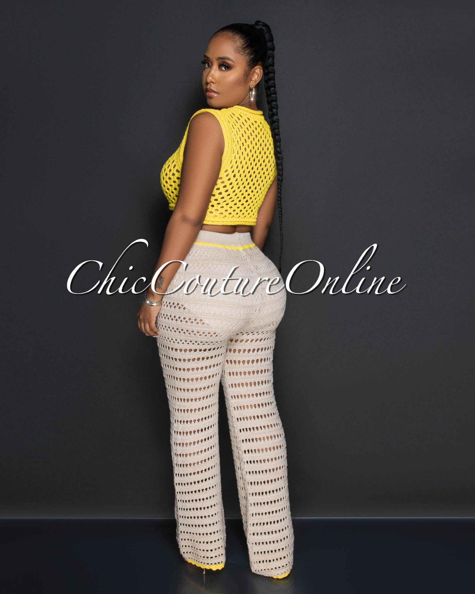 Kareem Yellow Crochet See-Through Crop Top & Nude Pants Set sold by Chic Couture product image thumbnail 3