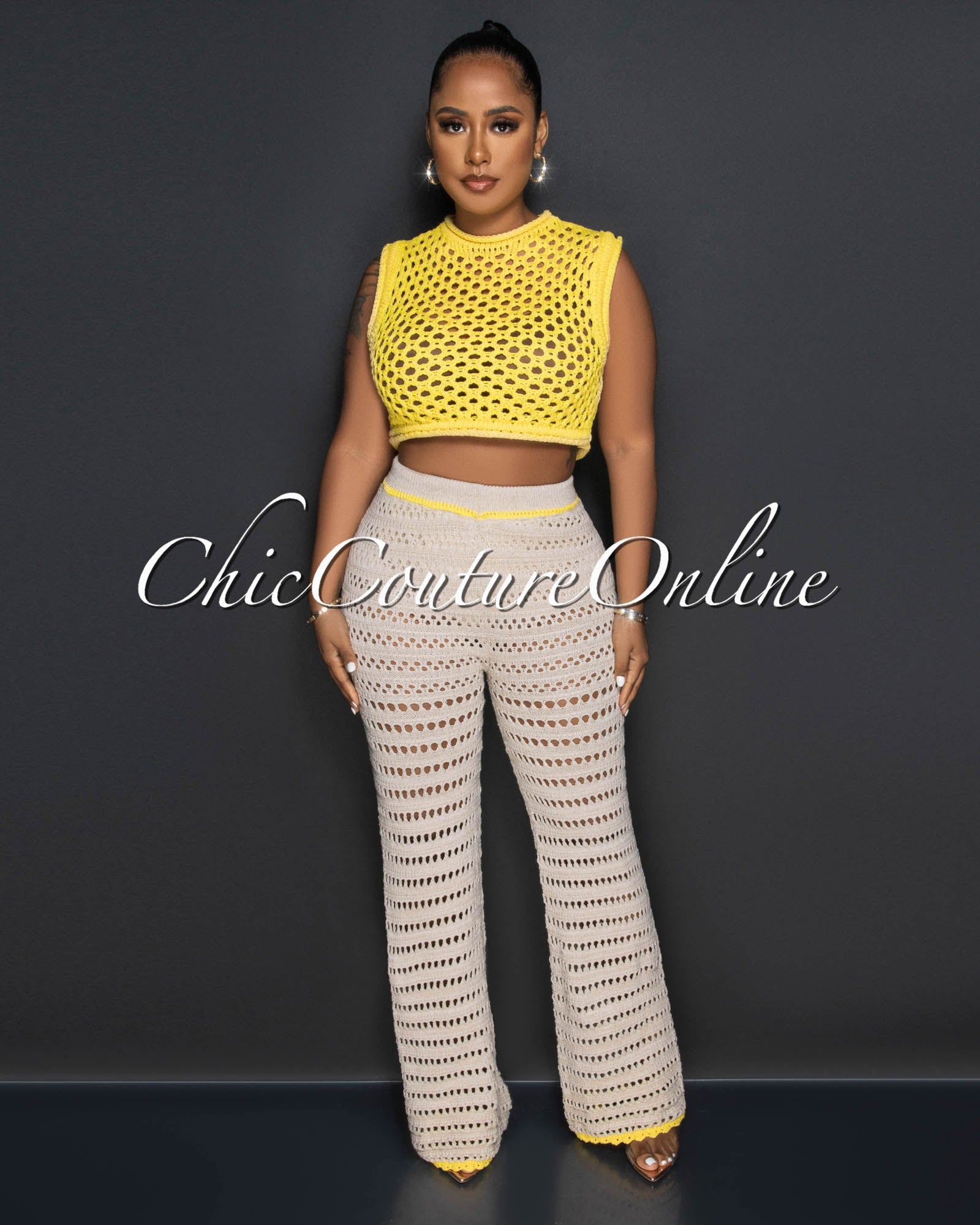 Kareem Yellow Crochet See-Through Crop Top & Nude Pants Set sold by Chic Couture product image thumbnail 2