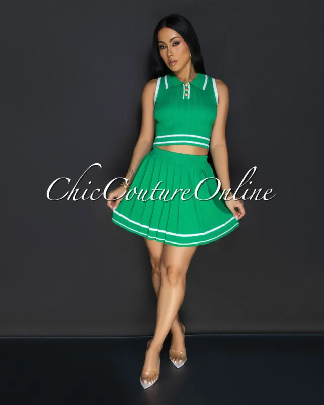 Calvina Green White Stripes Tennis Crop Top & Skirt Set sold by Chic Couture