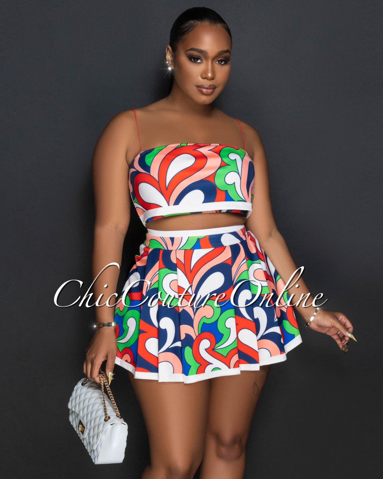 Naty Multi-Color Print Crop Top & Mini Pleated Skirt Set sold by Chic Couture
