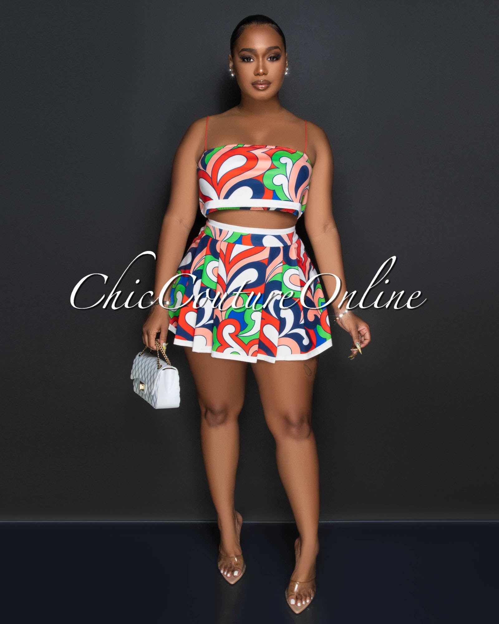 Naty Multi-Color Print Crop Top & Mini Pleated Skirt Set sold by Chic Couture product image thumbnail 3