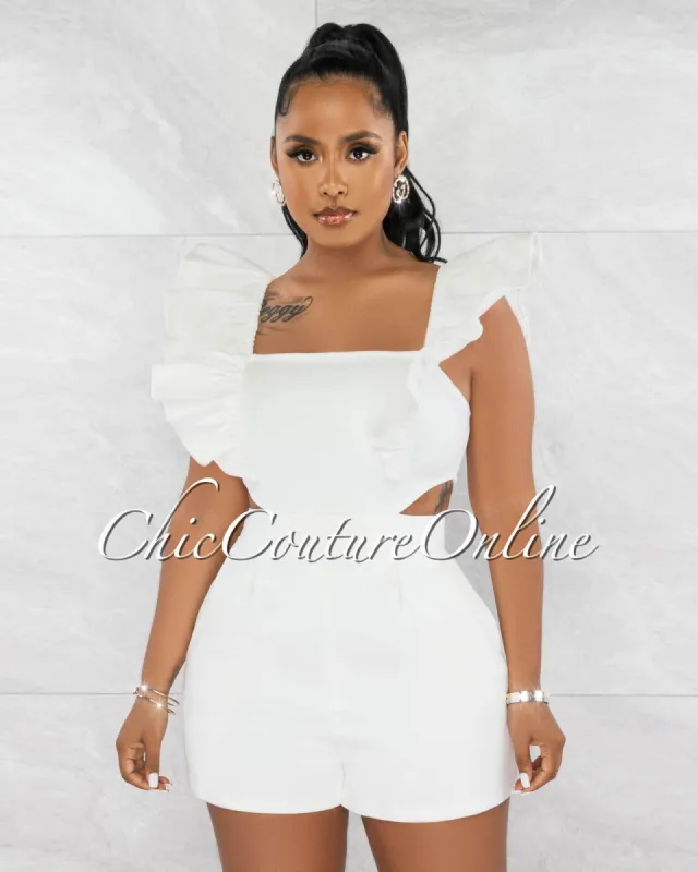 Randy Off-White Ruffle Cut-Out Denim Romper sold by Chic Couture