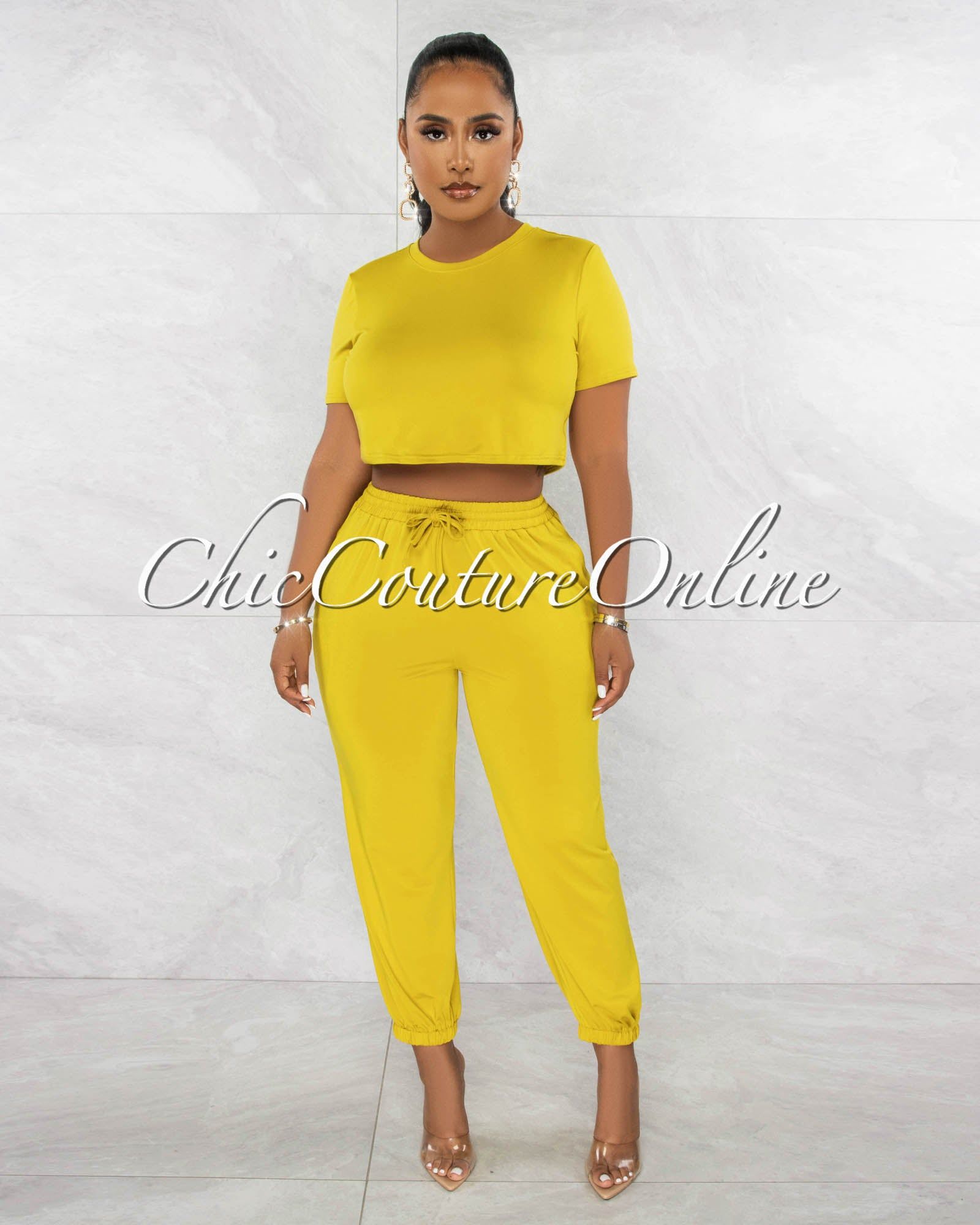 Haddie Mustard Crop Top & Joggers Set sold by Chic Couture