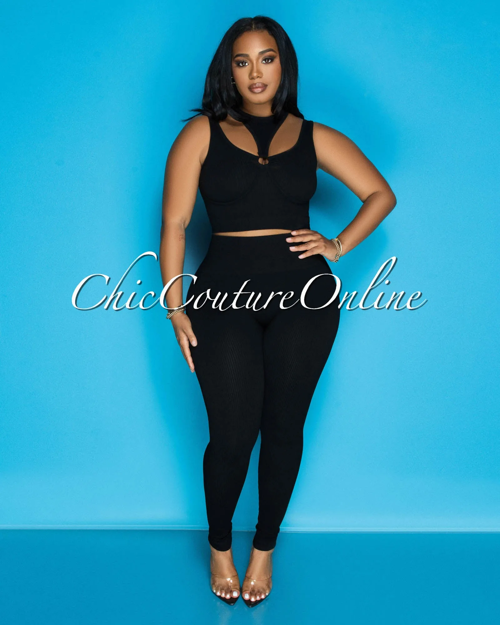 Alera Black Cut Out Crop Top & Leggings Ribbed Sculpting Set sold by Chic Couture product image thumbnail 4