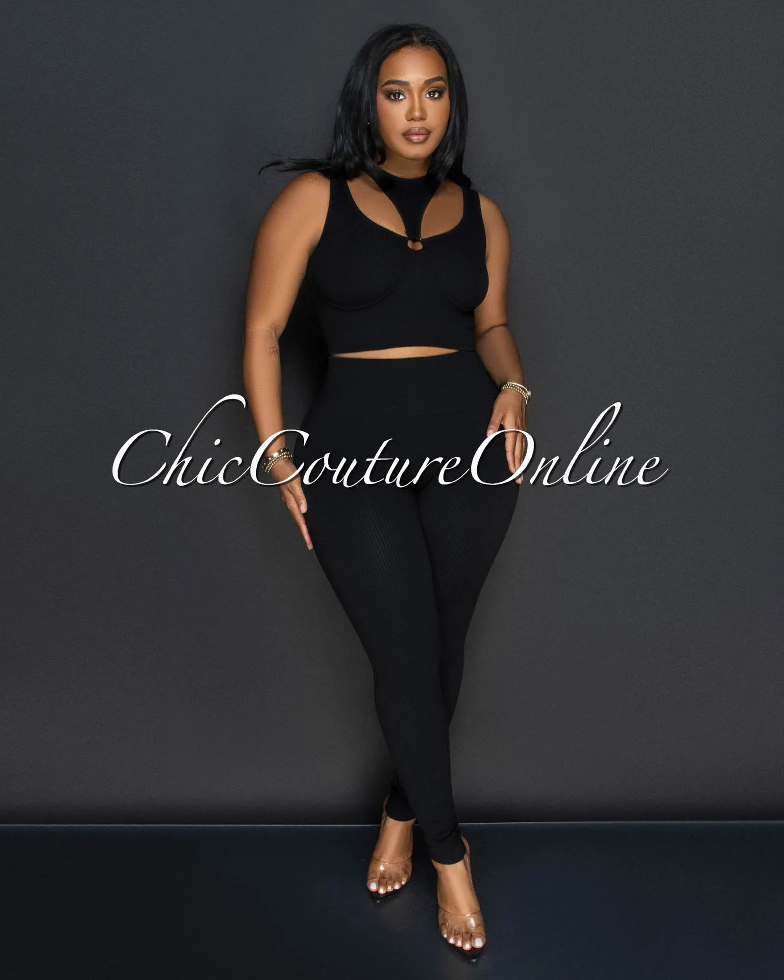 Alera Black Cut Out Crop Top & Leggings Ribbed Sculpting Set sold by Chic Couture