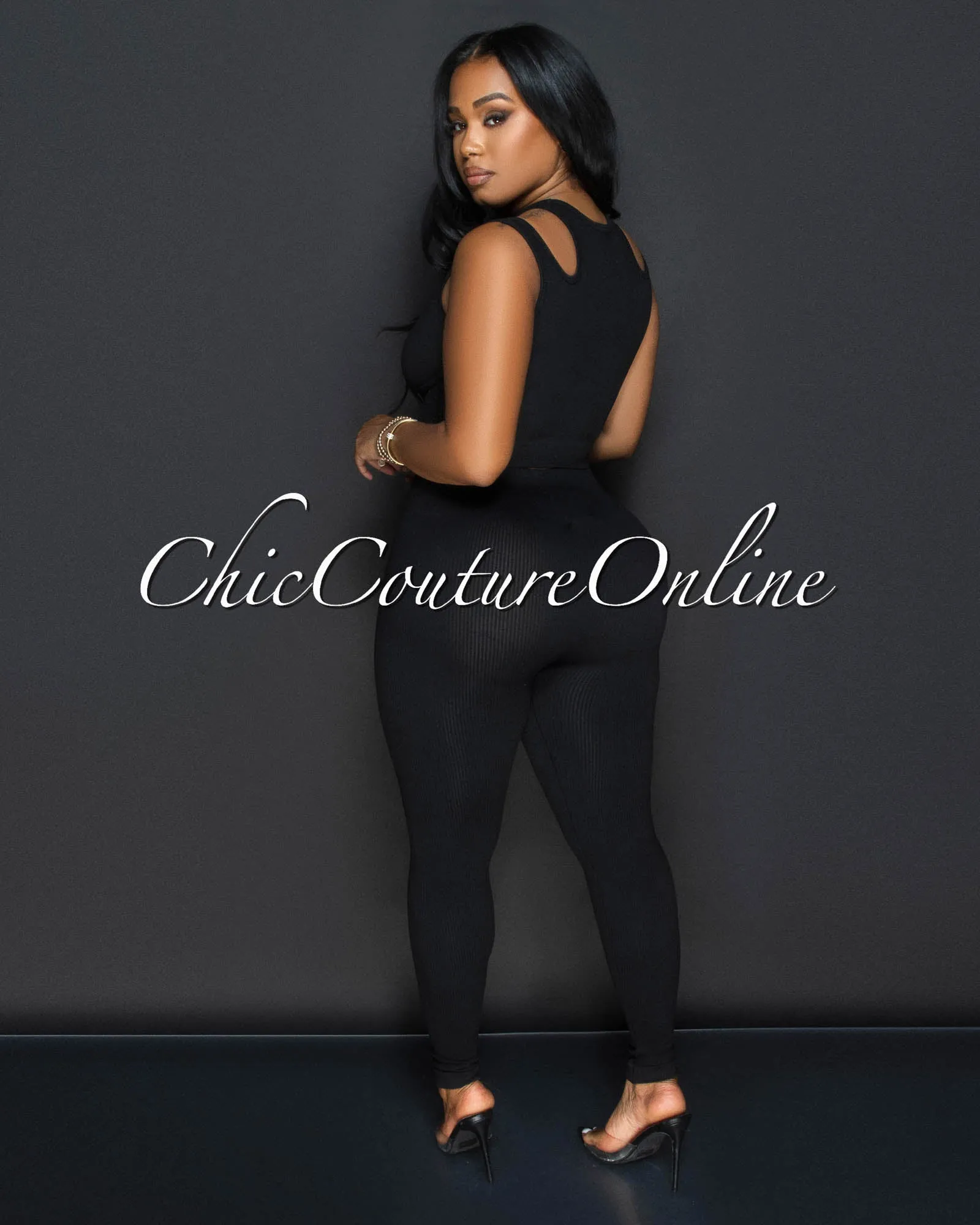 Alera Black Cut Out Crop Top & Leggings Ribbed Sculpting Set sold by Chic Couture product image thumbnail 3