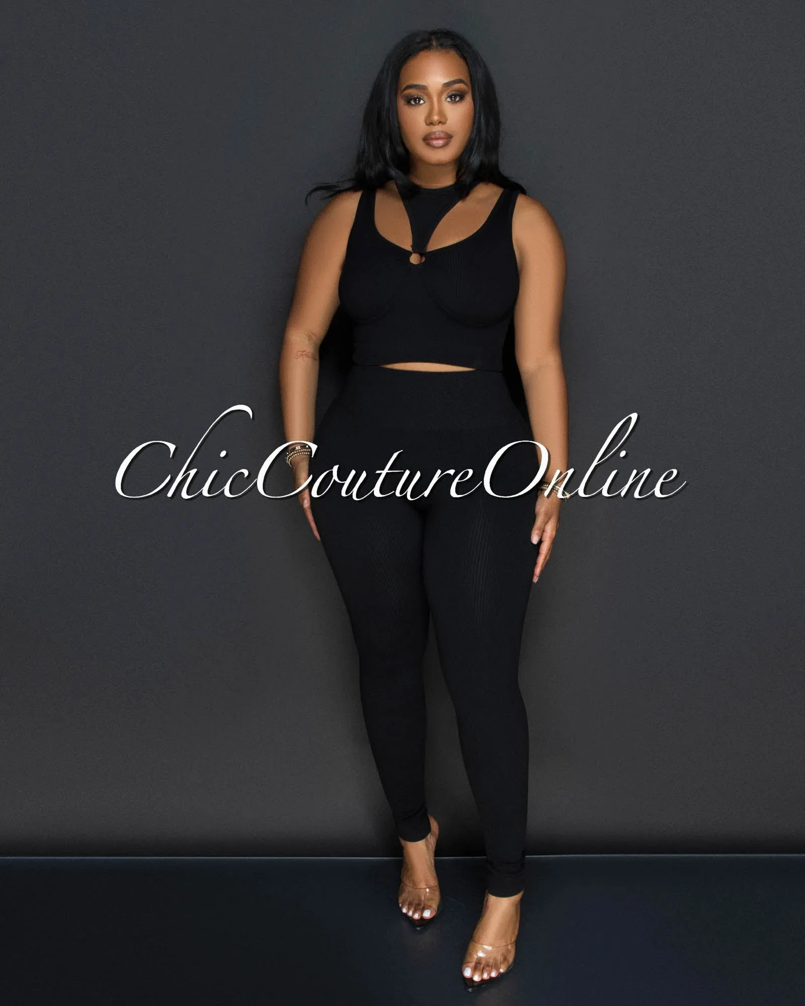 Alera Black Cut Out Crop Top & Leggings Ribbed Sculpting Set sold by Chic Couture product image thumbnail 2