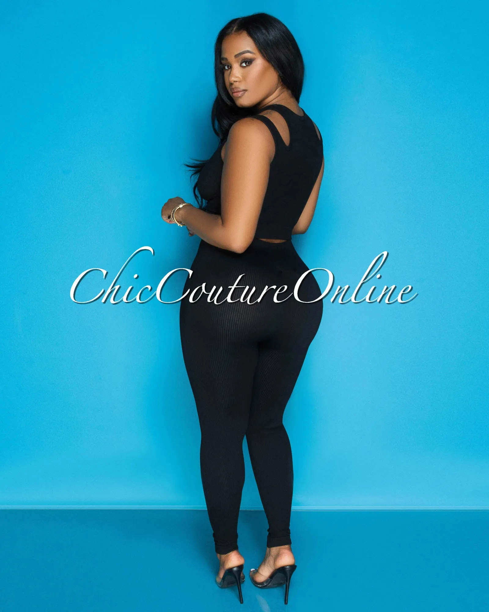 Alera Black Cut Out Crop Top & Leggings Ribbed Sculpting Set sold by Chic Couture product image thumbnail 5
