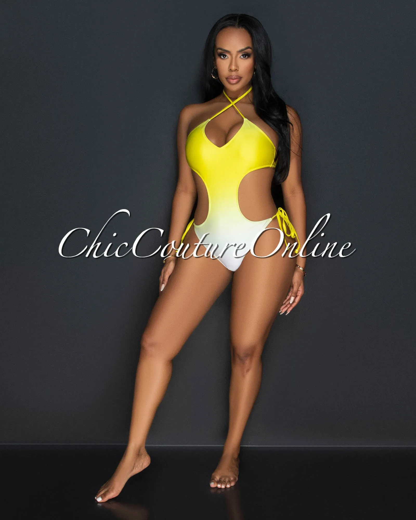 *Nona Yellow Ombre Halter Strappy One Piece Swimsuit sold by Chic Couture