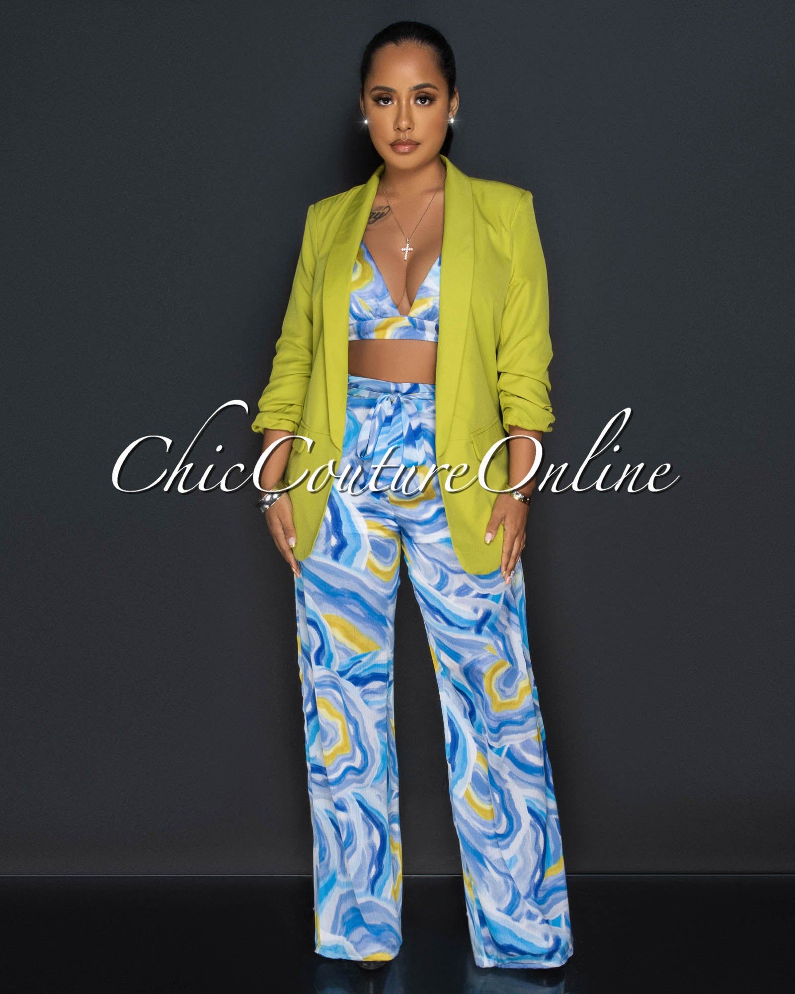 Drya Blue Yellow Print Crop Top & Wide Leg Pants Silky Set sold by Chic Couture product image thumbnail 4