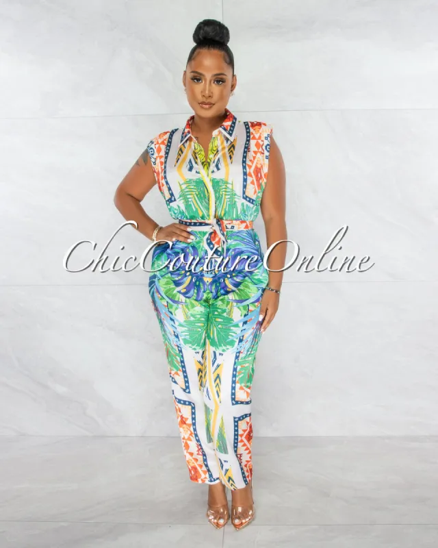 *Dagan Ivory Multi-Color Print Padded Shoulders Silky Jumpsuit sold by Chic Couture