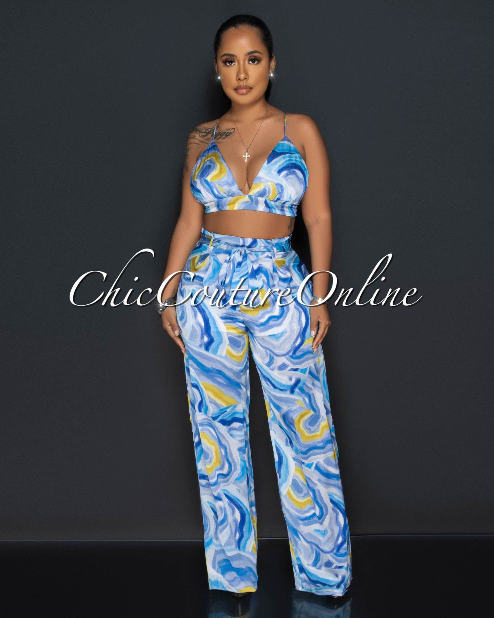 Drya Blue Yellow Print Crop Top & Wide Leg Pants Silky Set sold by Chic Couture