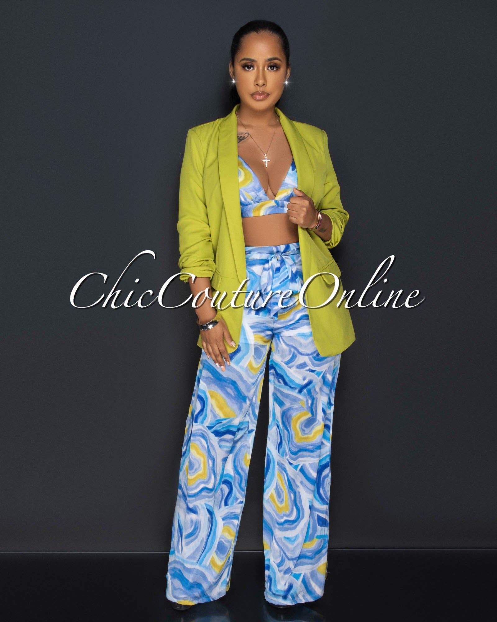 Drya Blue Yellow Print Crop Top & Wide Leg Pants Silky Set sold by Chic Couture product image thumbnail 5