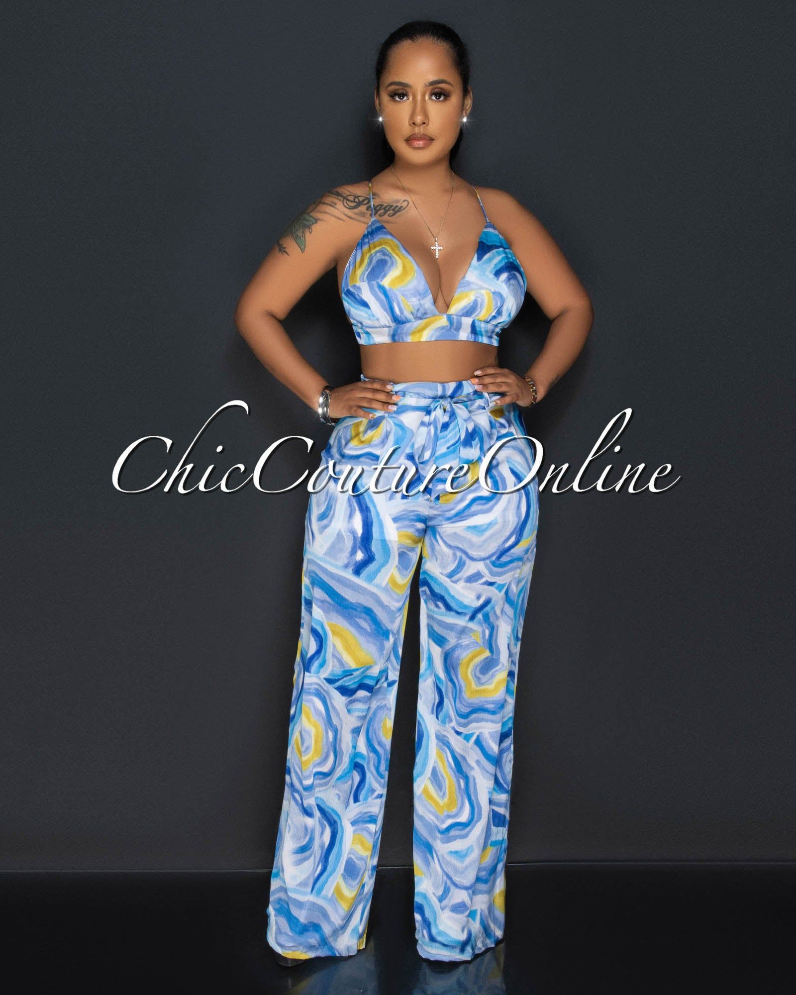 Drya Blue Yellow Print Crop Top & Wide Leg Pants Silky Set sold by Chic Couture product image thumbnail 2