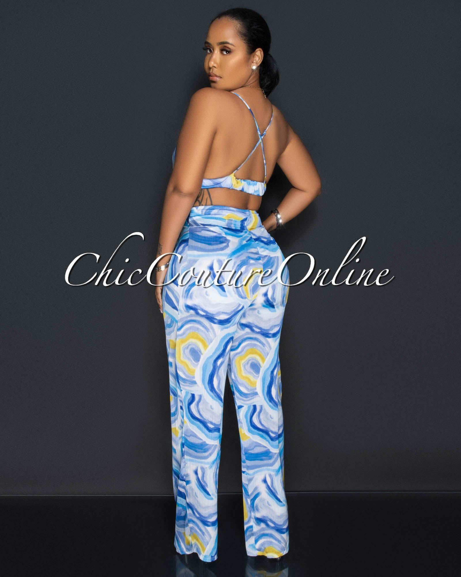 Drya Blue Yellow Print Crop Top & Wide Leg Pants Silky Set sold by Chic Couture product image thumbnail 3