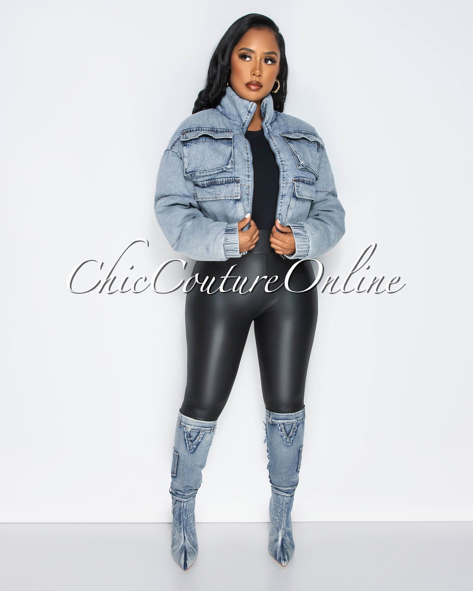 *Priscila Washed Denim Cargo Pockets Bomber Jacket sold by Chic Couture product image thumbnail 2