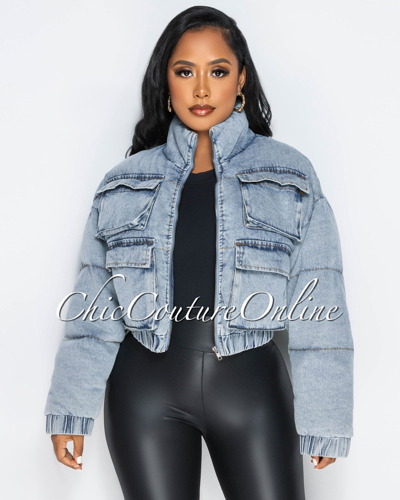 *Priscila Washed Denim Cargo Pockets Bomber Jacket sold by Chic Couture product image thumbnail 3