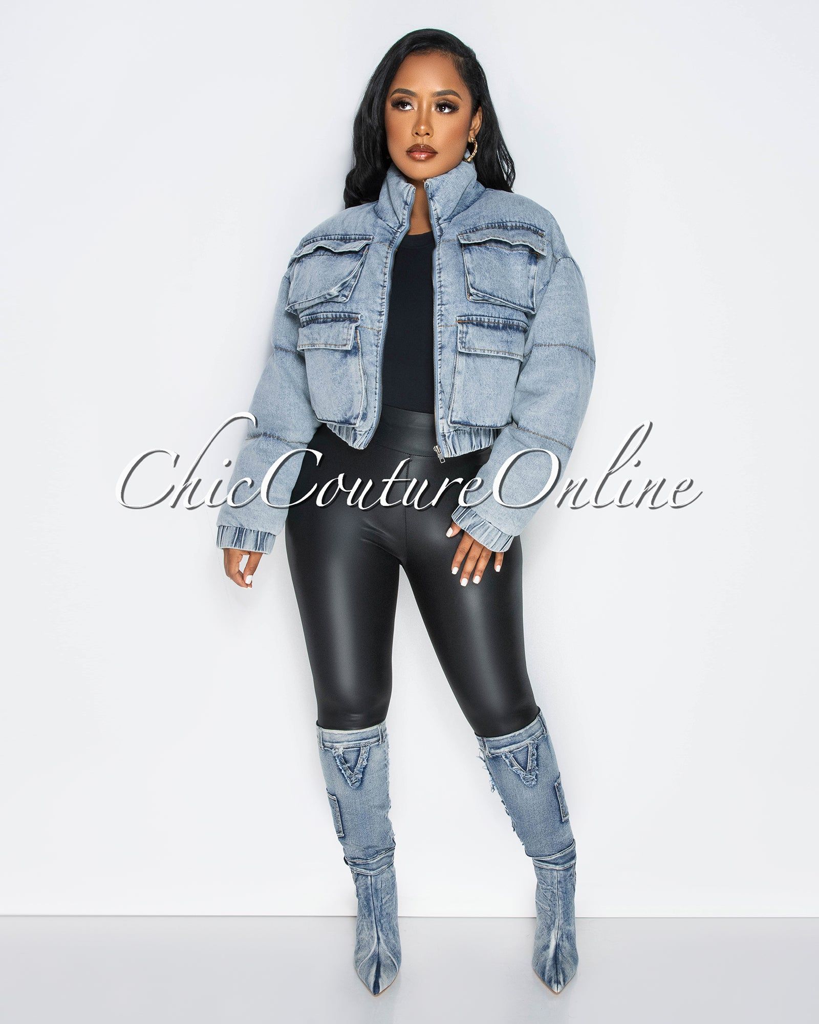 *Priscila Washed Denim Cargo Pockets Bomber Jacket sold by Chic Couture