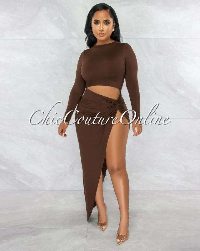 Tendera Brown Cut-Out Side Slit Maxi Dress sold by chic