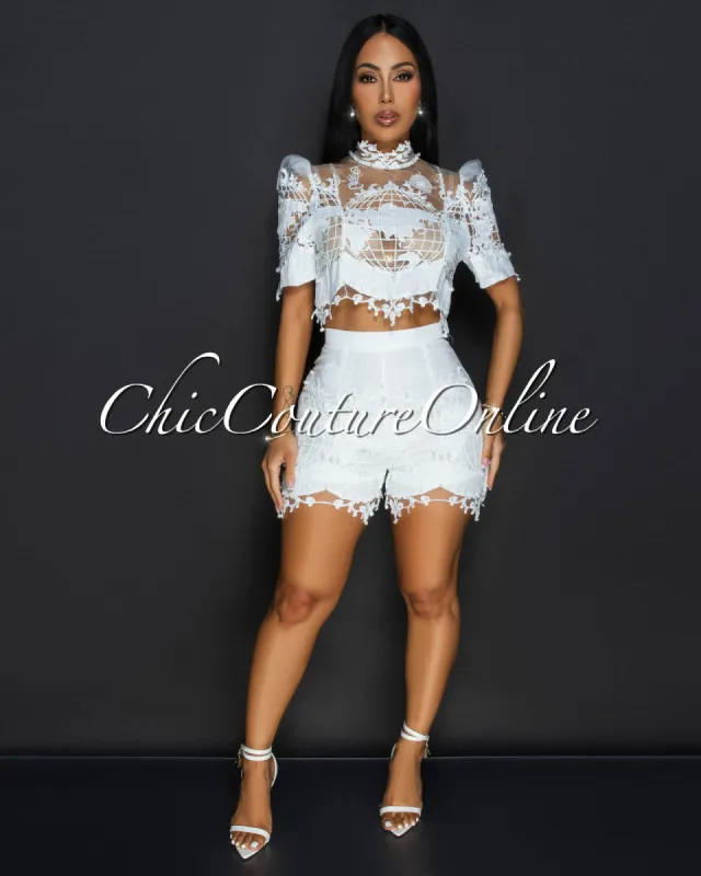 Atlas White Pearl Lace Top & Shorts Set sold by Chic Couture