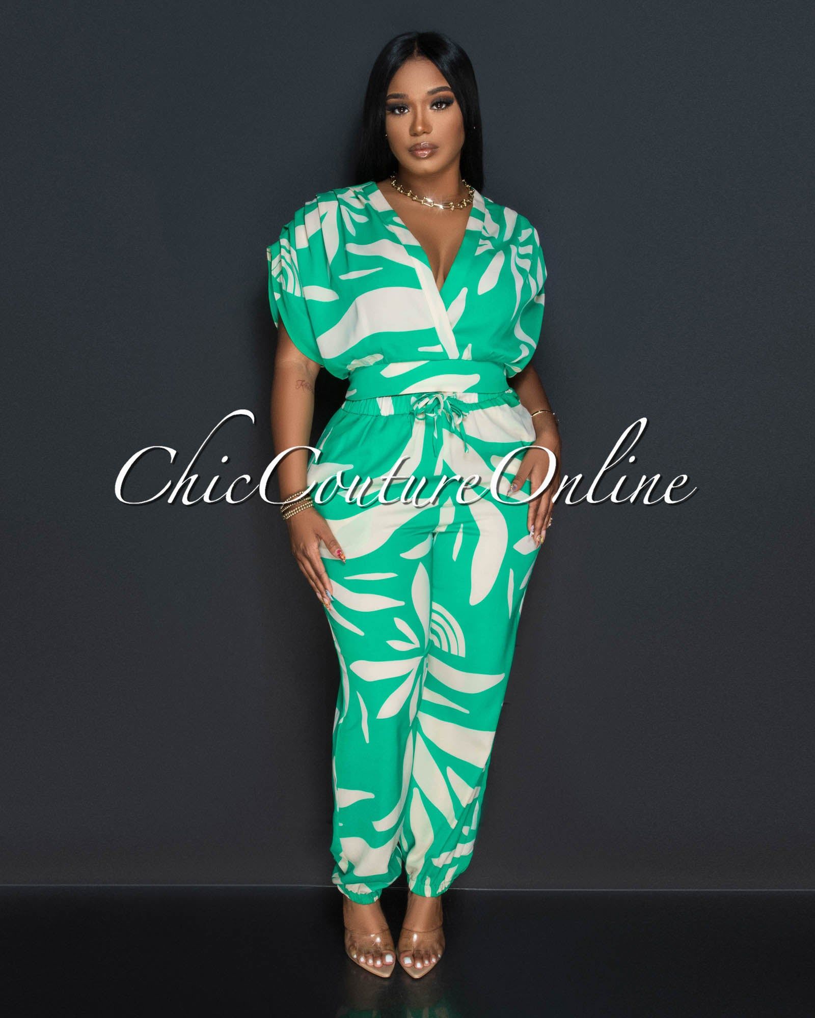 Indira Green Cream Crop Top & Jogger Pants Set sold by Chic Couture product image thumbnail 3