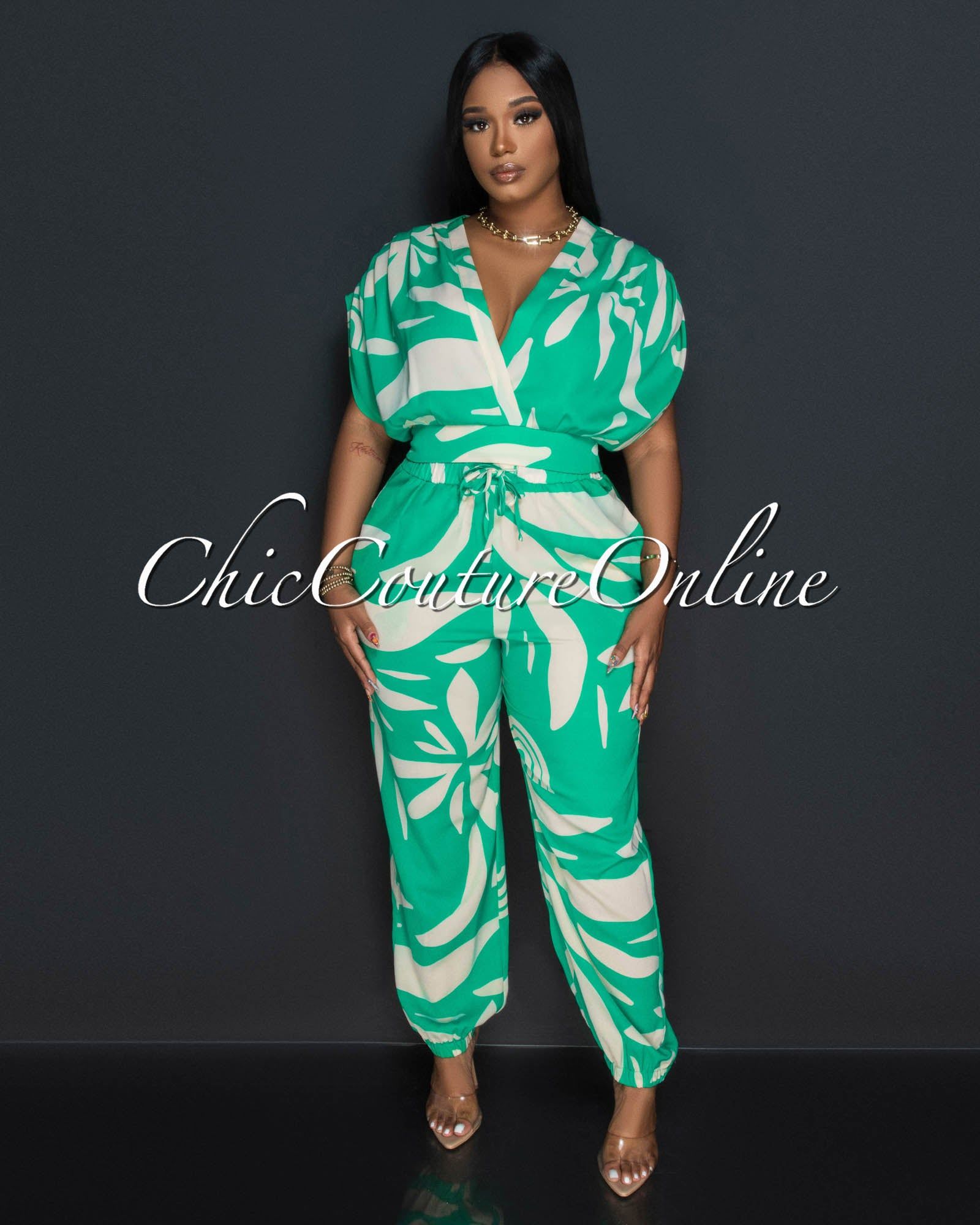Indira Green Cream Crop Top & Jogger Pants Set sold by Chic Couture product image thumbnail 2