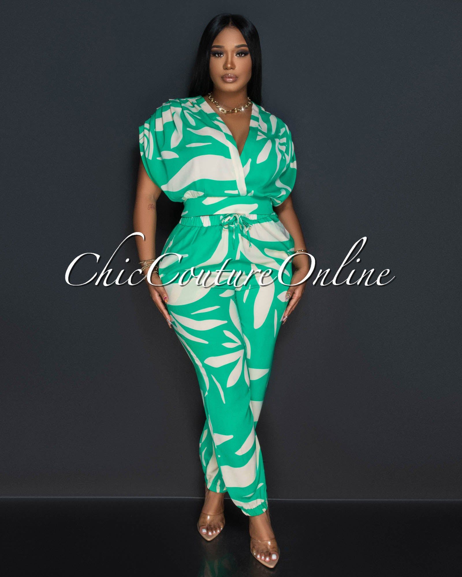 Indira Green Cream Crop Top & Jogger Pants Set sold by Chic Couture