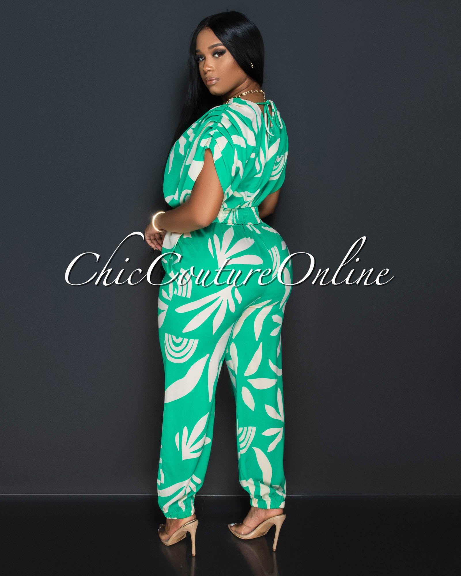 Indira Green Cream Crop Top & Jogger Pants Set sold by Chic Couture product image thumbnail 4