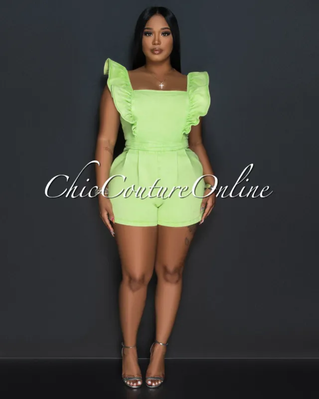 *Elena Apple Green Ruffle Sleeves Denim Romper sold by Chic Couture